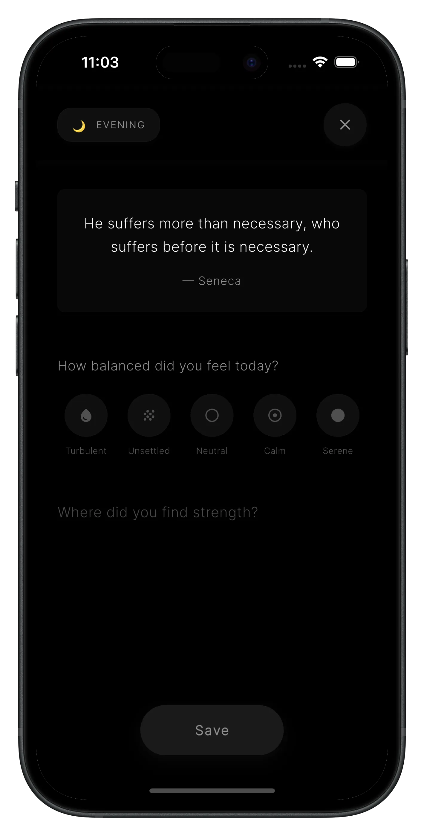 Stoxia evening reflection screen with mood selector